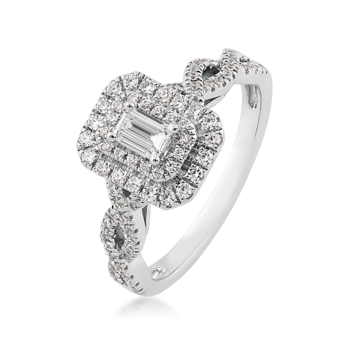 True Promise 1/2 ct. tw. Emerald Cut Diamond Double Halo Engagement Ring with Twist Shank in 10K White Gold front view