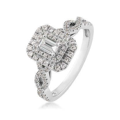 True Promise 1/2 ct. tw. Emerald Cut Diamond Double Halo Engagement Ring with Twist Shank in 10K White Gold front view