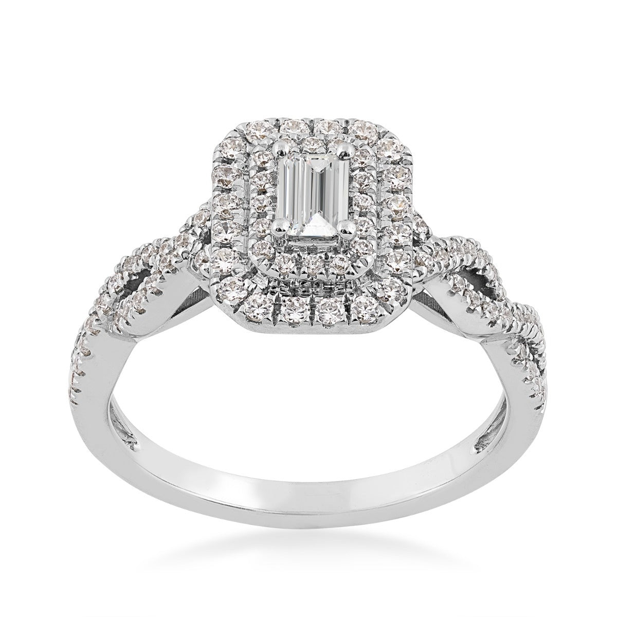 True Promise 1/2 ct. tw. Emerald Cut Diamond Double Halo Engagement Ring with Twist Shank in 10K White Gold