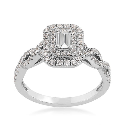 True Promise 1/2 ct. tw. Emerald Cut Diamond Double Halo Engagement Ring with Twist Shank in 10K White Gold