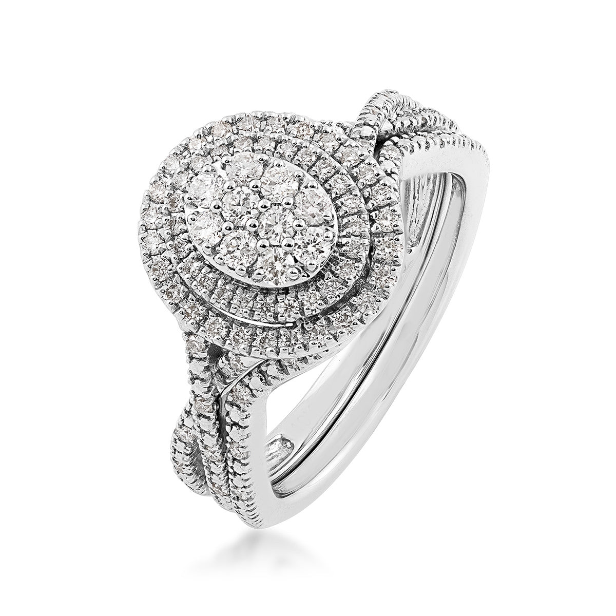 Fairytale Diamonds 1/2 ct. tw. Diamond Oval Cluster Double Halo Wedding Set in 10K White Gold front view