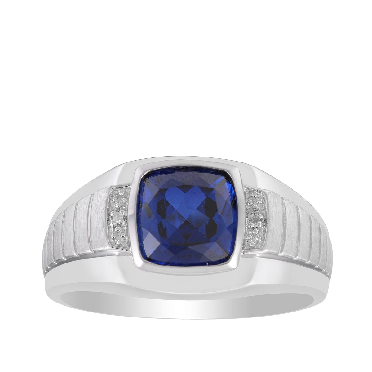 Men's Created Cushion Sapphire & Diamond Accent Ring with Brushed Center in 10K White Gold