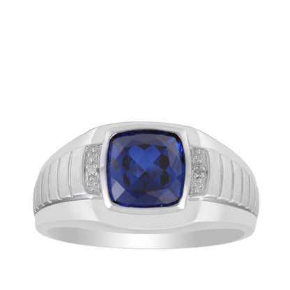 Men's Created Cushion Sapphire & Diamond Accent Ring with Brushed Center in 10K White Gold
