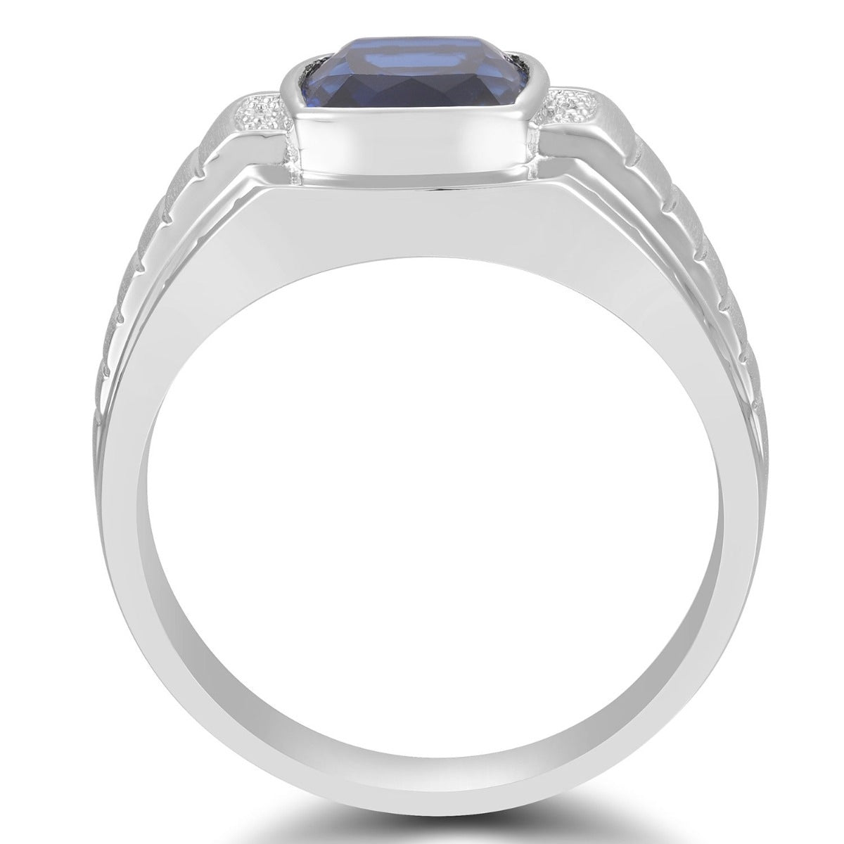 Men's Created Cushion Sapphire & Diamond Accent Ring with Brushed Center in 10K White Gold front view