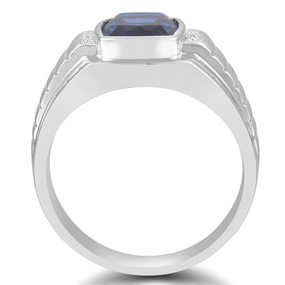 Men's Created Cushion Sapphire & Diamond Accent Ring with Brushed Center in 10K White Gold front view