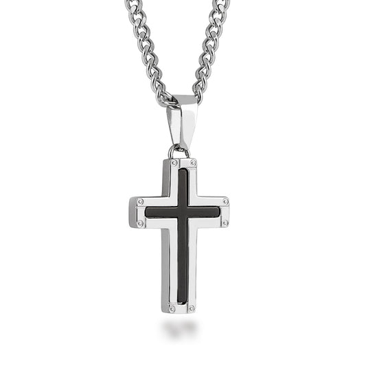 Cross Pendant with Black Enamel in Stainless Steel