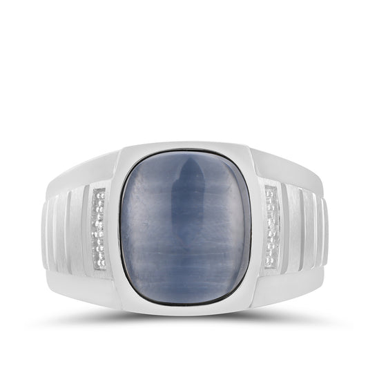 Men's Cushion Gray Cat's Eye & Diamond Accent Ring in 10K White Gold