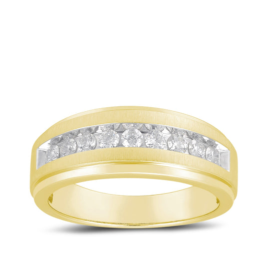 1/2 ct. tw. Men's 9-Stone Diamond Wedding Band with Brushed Finish in 10K Yellow Gold
