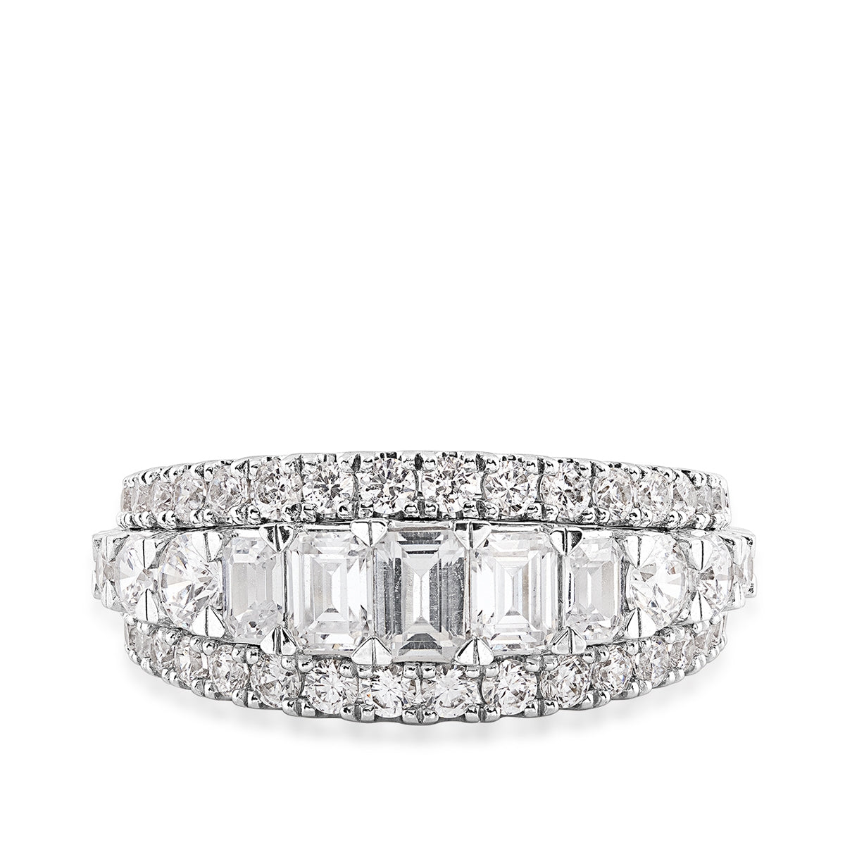 Adamante 2-1/2 ct. tw. Lab-Grown Emerald Cut & Round Brilliant Diamond Multirow Anniversary Ring in 14K White close-up detail