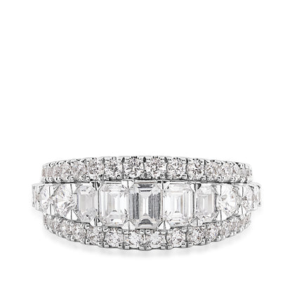 Adamante 2-1/2 ct. tw. Lab-Grown Emerald Cut & Round Brilliant Diamond Multirow Anniversary Ring in 14K White close-up detail