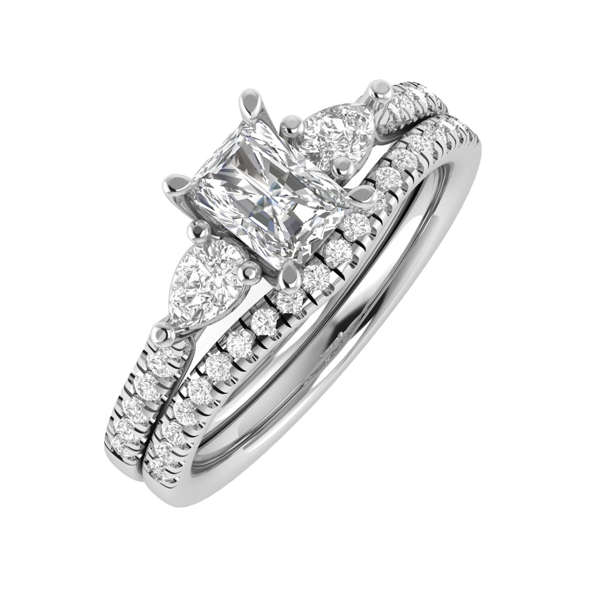 Adamante 1-1/3 ct. tw. Lab-Grown Radiant Cut & Pear Diamond Wedding Set in 14K White Gold front view