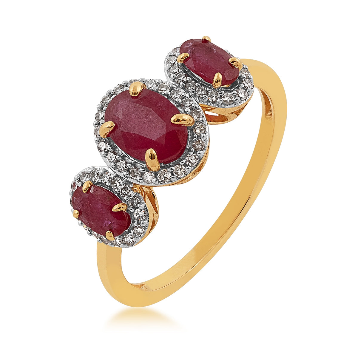 3-Stone Oval Ruby & 1/5 ct. tw. Diamond Halo Ring in 14K Yellow Gold front view