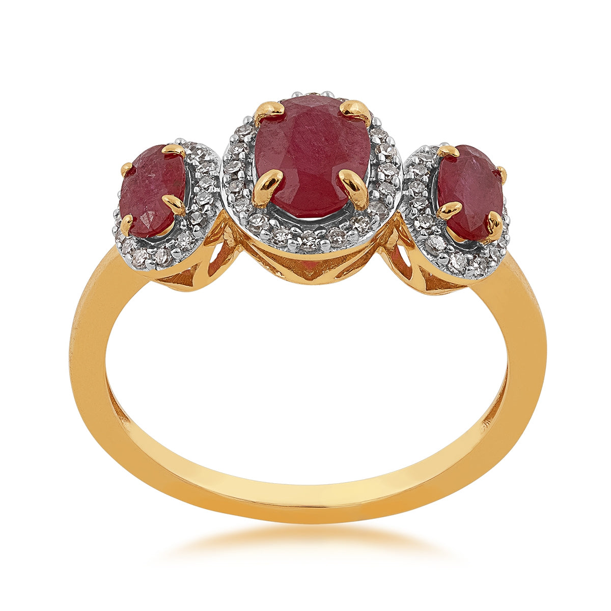 3-Stone Oval Ruby & 1/5 ct. tw. Diamond Halo Ring in 14K Yellow Gold
