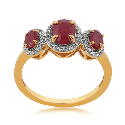 3-Stone Oval Ruby & 1/5 ct. tw. Diamond Halo Ring in 14K Yellow Gold