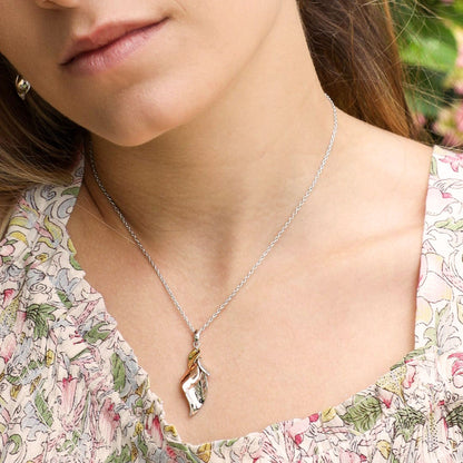 Kit Heath Tri-Tone Leaf Cluster Pendant in Sterling Silver & 18K Pink & Yellow Gold Plating close-up detail