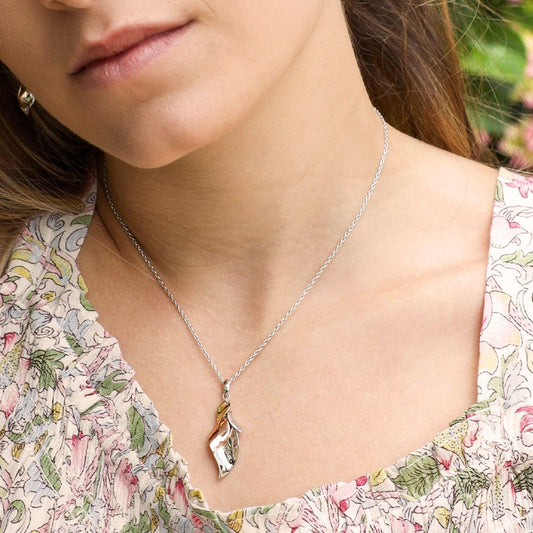 Kit Heath Tri-Tone Leaf Cluster Pendant in Sterling Silver & 18K Pink & Yellow Gold Plating close-up detail