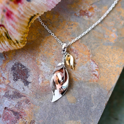 Kit Heath Tri-Tone Leaf Cluster Pendant in Sterling Silver & 18K Pink & Yellow Gold Plating front view