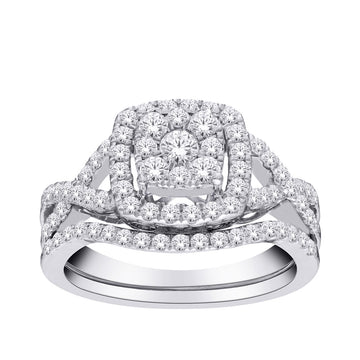 GOLD TAG Fairytale Diamonds 1 ct. tw. Diamond Cluster Halo Wedding Set with Twist Shank in 10K White Gold