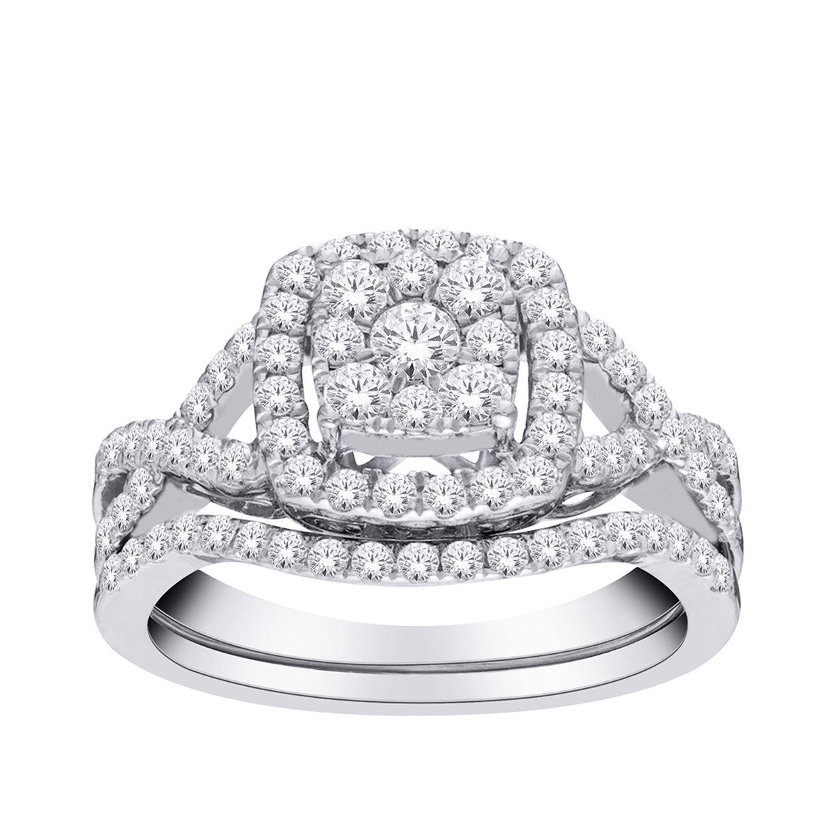 Fairytale Diamonds 1 ct. tw. Diamond Cluster Halo Wedding Set with Twist Shank in 10K White Gold
