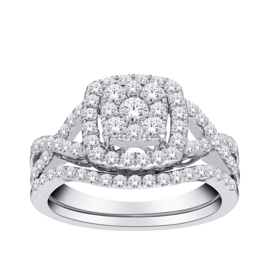 Fairytale Diamonds 1 ct. tw. Diamond Cluster Halo Wedding Set with Twist Shank in 10K White Gold