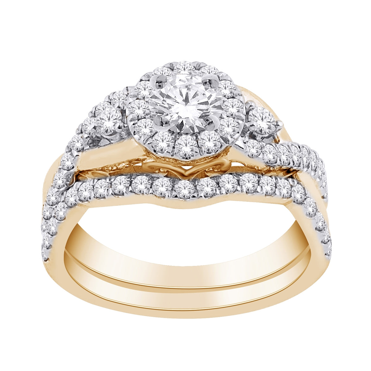 Natural 1 ct. tw. Diamond Halo Twist Wedding Set in 14K Yellow Gold