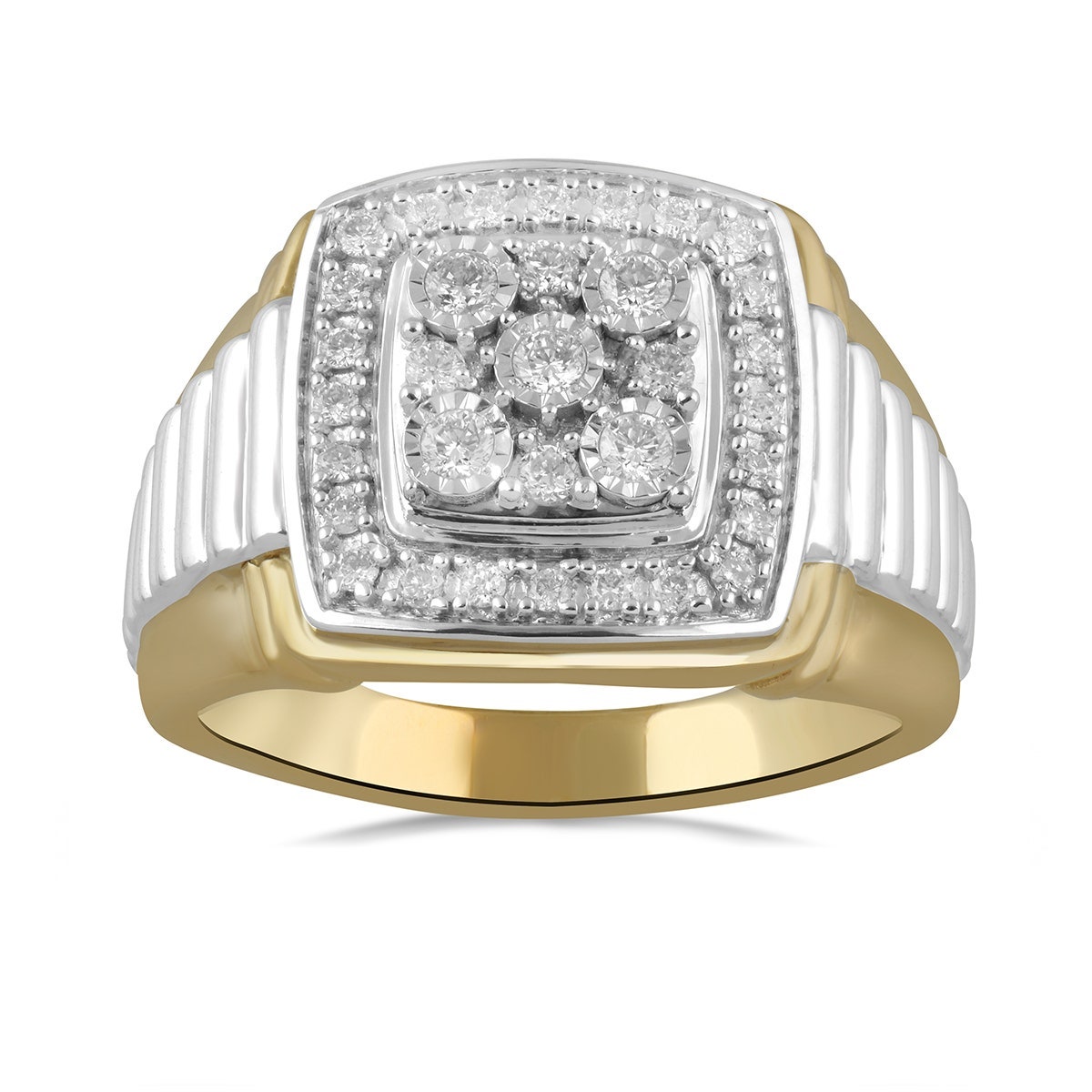 1/2 ct. tw. Men's Diamond Cluster Rolex Style Ring with Miracle Plates in 10K White & Yellow Gold