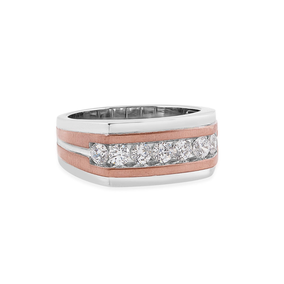 1/2 ct. tw. Men's Round Diamond Channel Set Wedding Band in 10K White & Pink Gold close-up detail