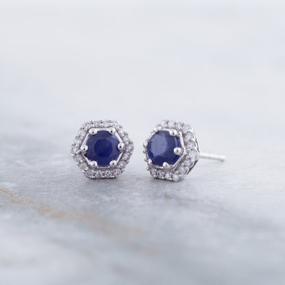 Round Sapphire & 1/7 ct. tw. Diamond Hexagon Halo Earrings in 10K White Gold front view