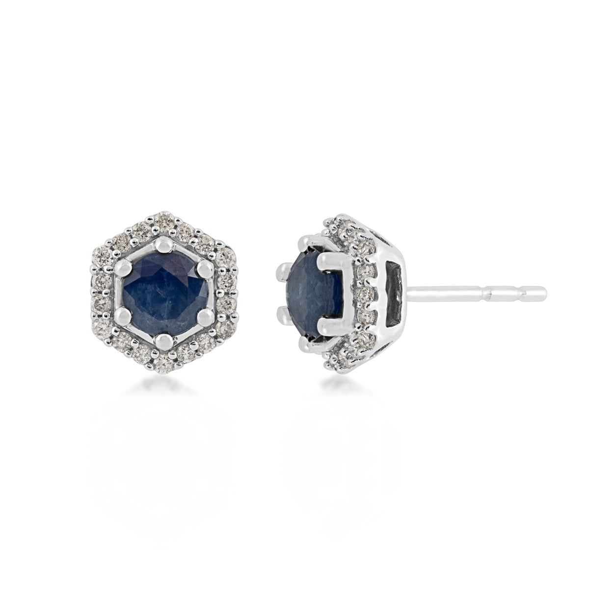 Round Sapphire & 1/7 ct. tw. Diamond Hexagon Halo Earrings in 10K White Gold