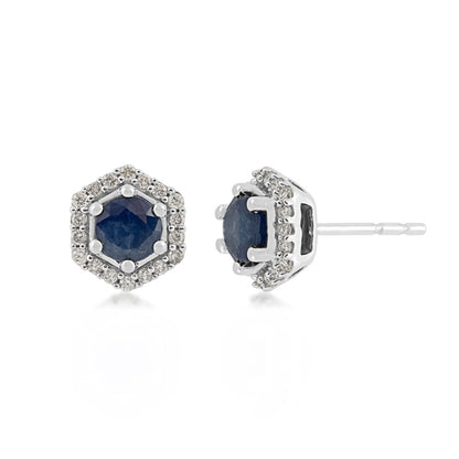 Round Sapphire & 1/7 ct. tw. Diamond Hexagon Halo Earrings in 10K White Gold