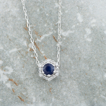 Round Sapphire & Diamond Accent Hexagon Halo Pendant in 10K White Gold front view
