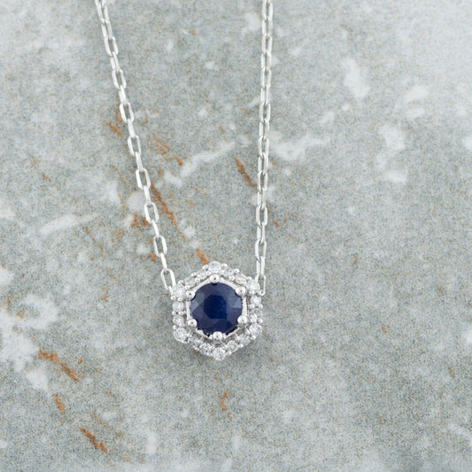 Round Sapphire & Diamond Accent Hexagon Halo Pendant in 10K White Gold front view