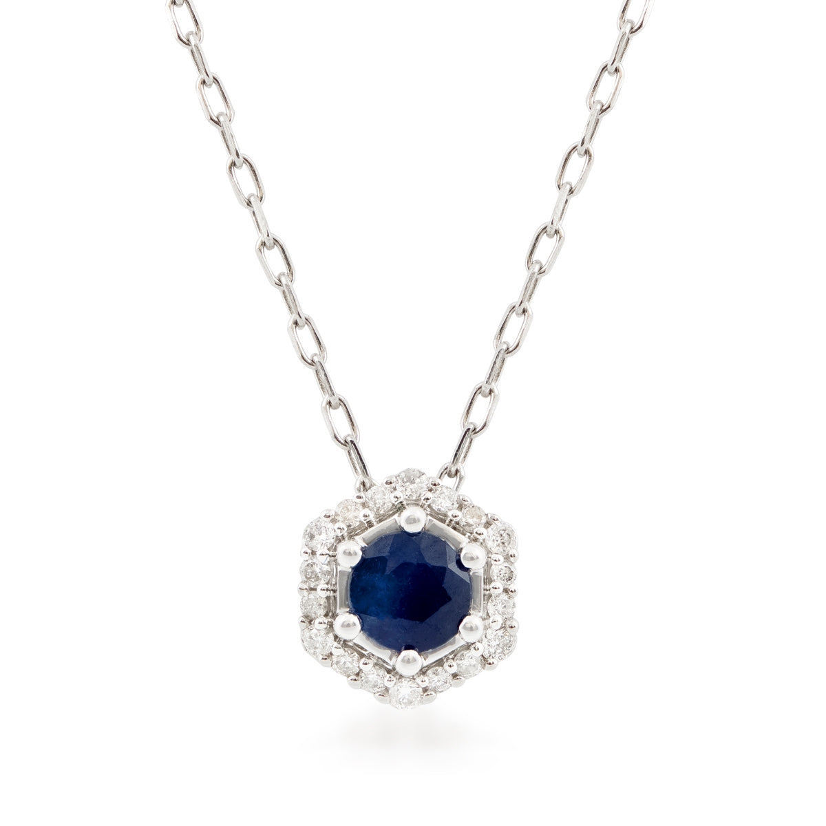 Round Sapphire & Diamond Accent Hexagon Halo Pendant in 10K White Gold