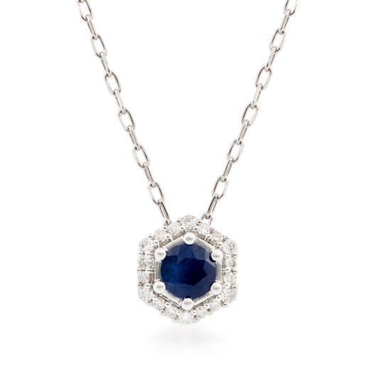 Round Sapphire & Diamond Accent Hexagon Halo Pendant in 10K White Gold