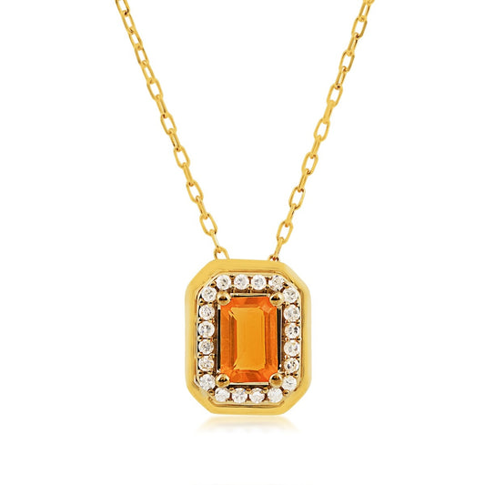 American Colors Emerald Cut Fire Opal & 1/8 ct. tw. Diamond Halo Pendant in 10K Yellow Gold
