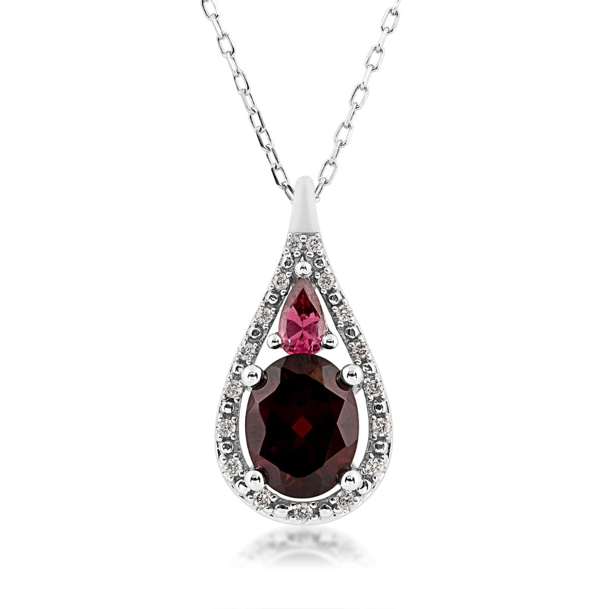 Oval Garnet, Pear Rhodolite Garnet & 1/10 ct. tw. Diamond Teardrop Pendant in 10K White Gold