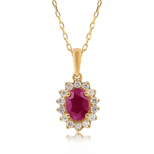 Oval Ruby & 1/4 ct. tw. Diamond Halo Pendant in 10K Yellow Gold