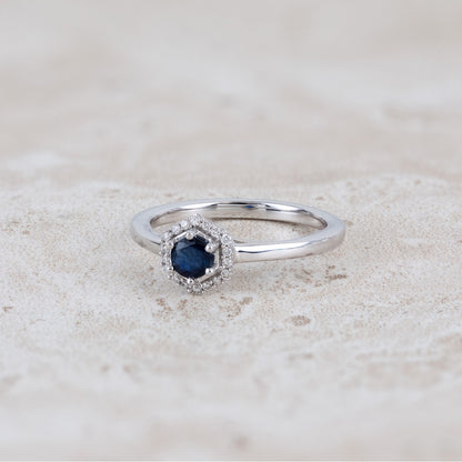 Round Sapphire & Diamond Accent Hexagon Halo Ring in 10K White Gold close-up detail