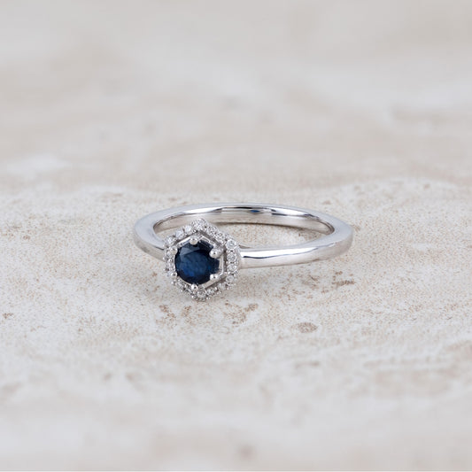 Round Sapphire & Diamond Accent Hexagon Halo Ring in 10K White Gold close-up detail