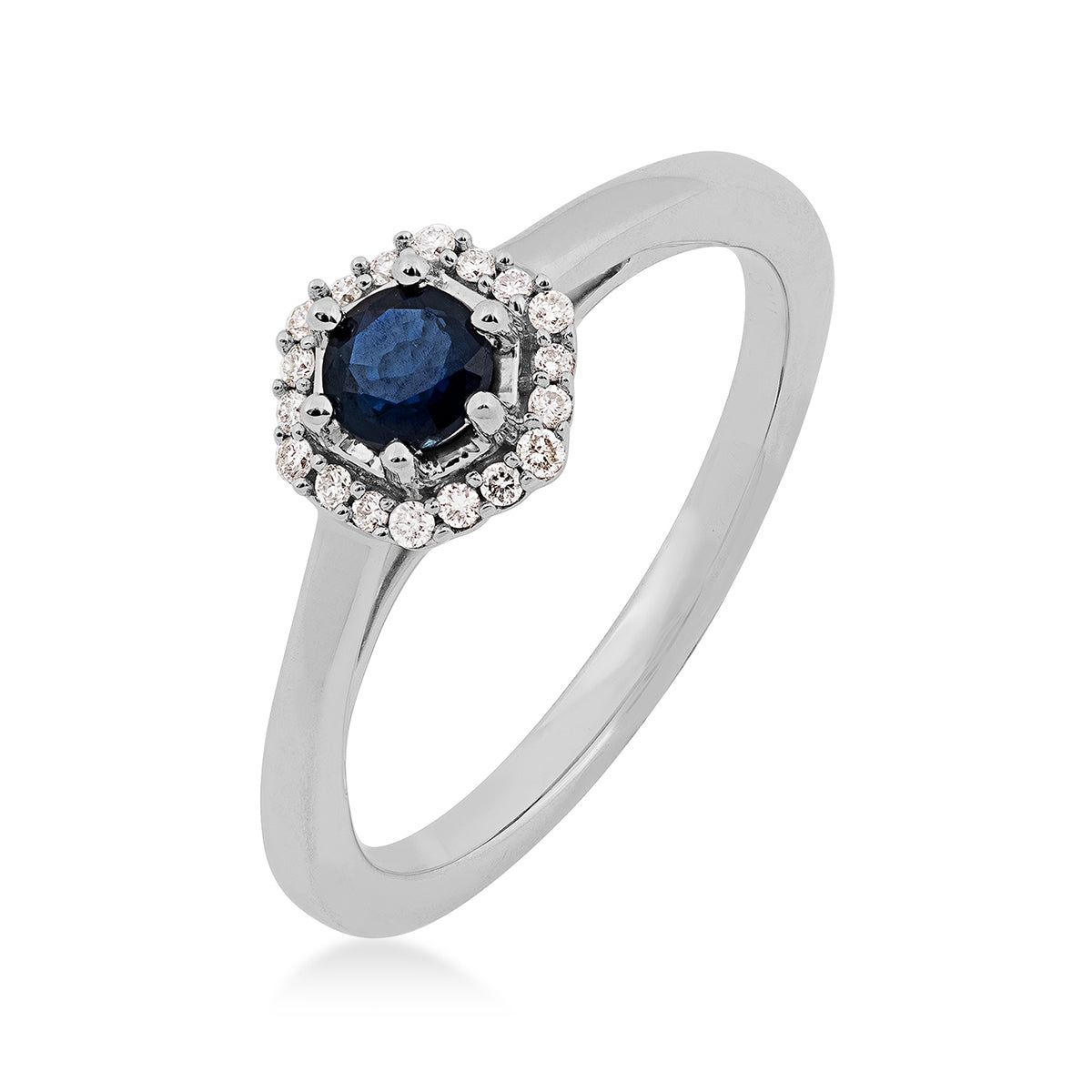 Round Sapphire & Diamond Accent Hexagon Halo Ring in 10K White Gold front view