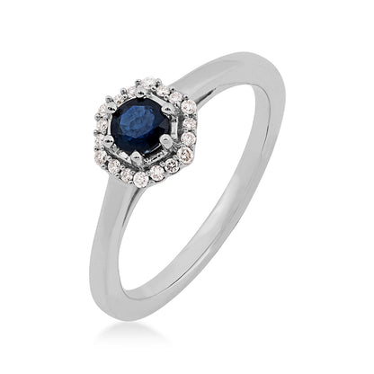 Round Sapphire & Diamond Accent Hexagon Halo Ring in 10K White Gold front view