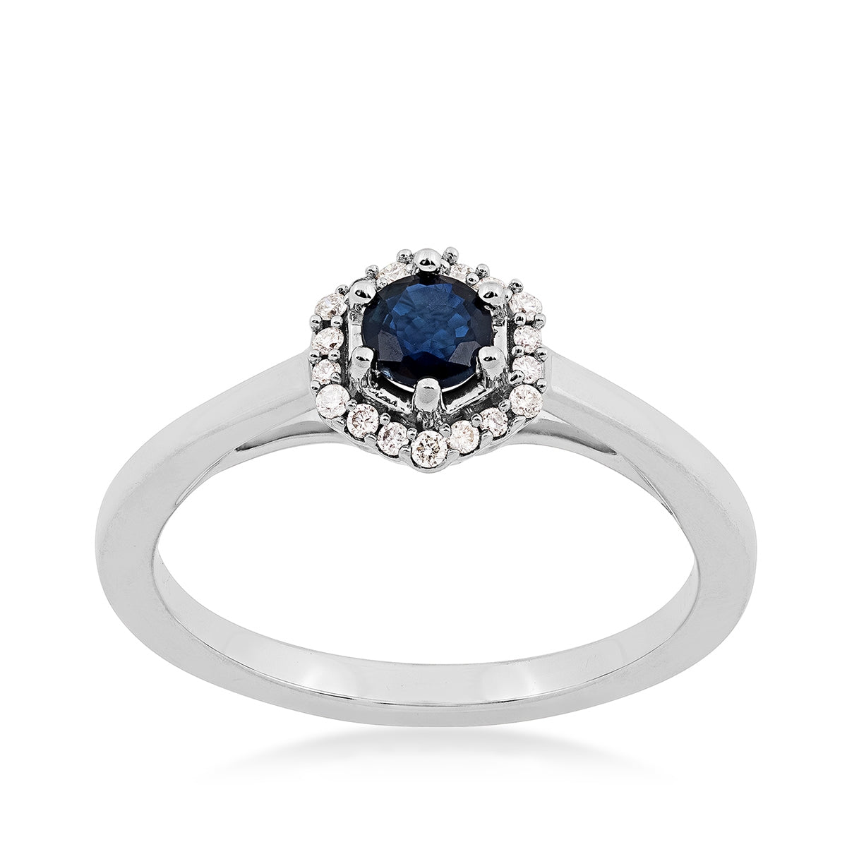Round Sapphire & Diamond Accent Hexagon Halo Ring in 10K White Gold
