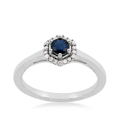 Round Sapphire & Diamond Accent Hexagon Halo Ring in 10K White Gold