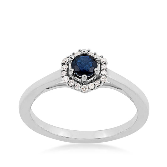 Round Sapphire & Diamond Accent Hexagon Halo Ring in 10K White Gold