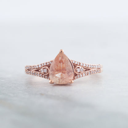 American Colors Pear Sunstone & 1/8 ct. tw. Diamond Split Shank Ring in 10K Pink Gold close-up detail