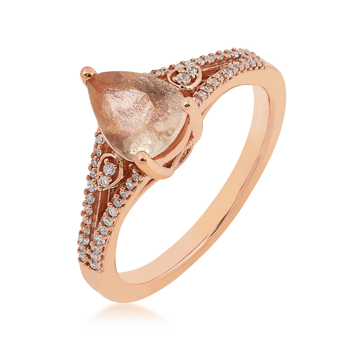 American Colors Pear Sunstone & 1/8 ct. tw. Diamond Split Shank Ring in 10K Pink Gold front view