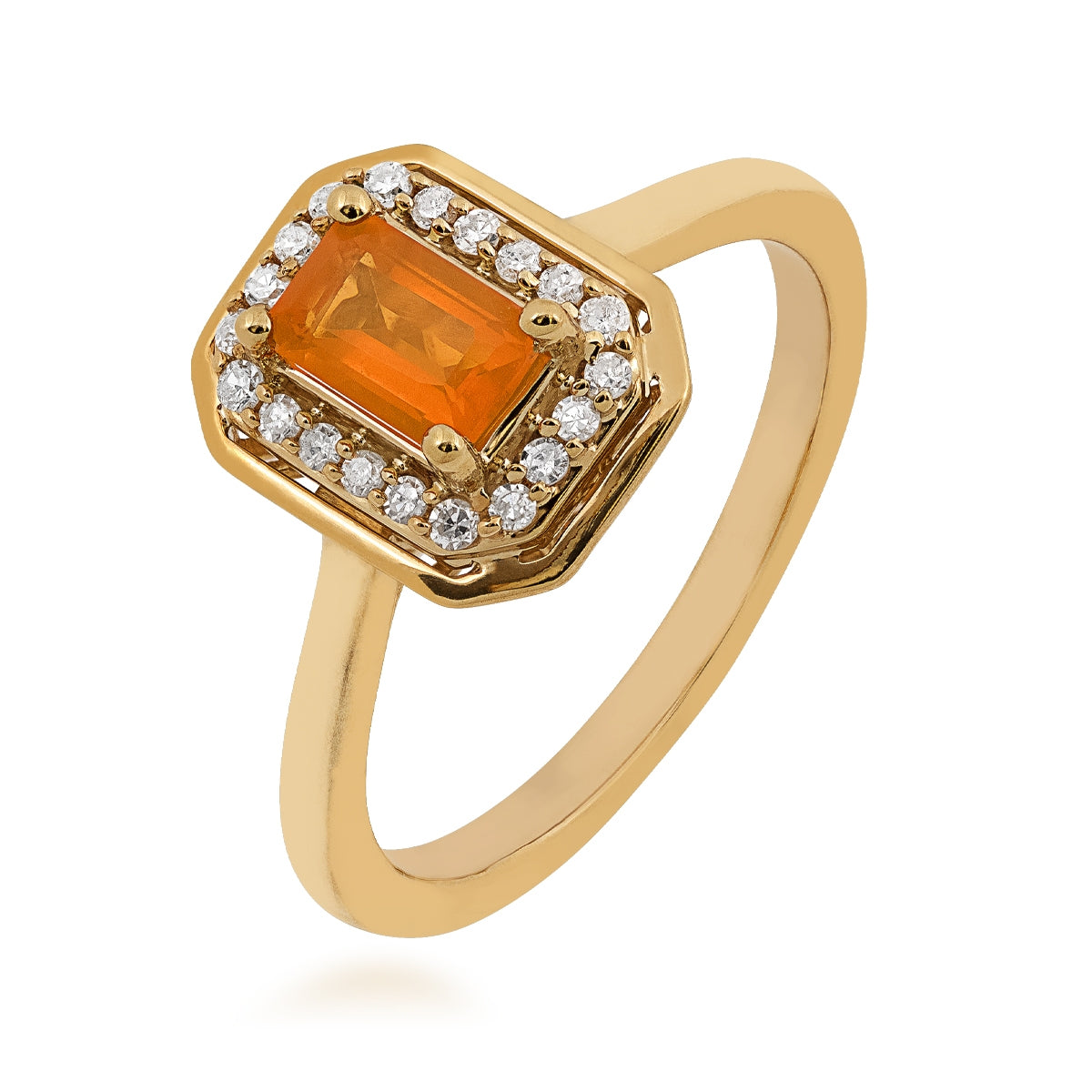 American Colors Emerald Cut Fire Opal & 1/8 ct. tw. Diamond Halo Ring in 10K Yellow Gold front view
