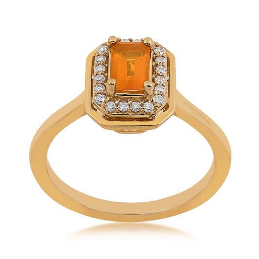 American Colors Emerald Cut Fire Opal & 1/8 ct. tw. Diamond Halo Ring in 10K Yellow Gold