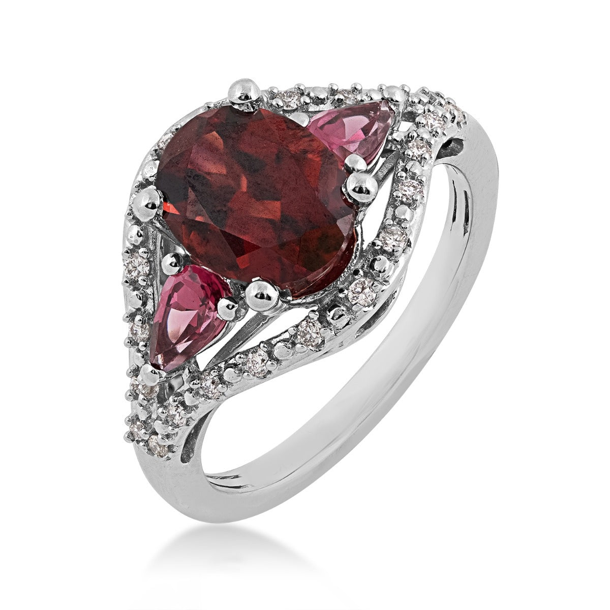 Oval Garnet, Pear Rhodolite Garnet & 1/7 ct. tw. Diamond Ring in 10K White Gold front view