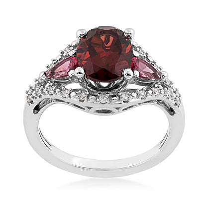 Oval Garnet, Pear Rhodolite Garnet & 1/7 ct. tw. Diamond Ring in 10K White Gold